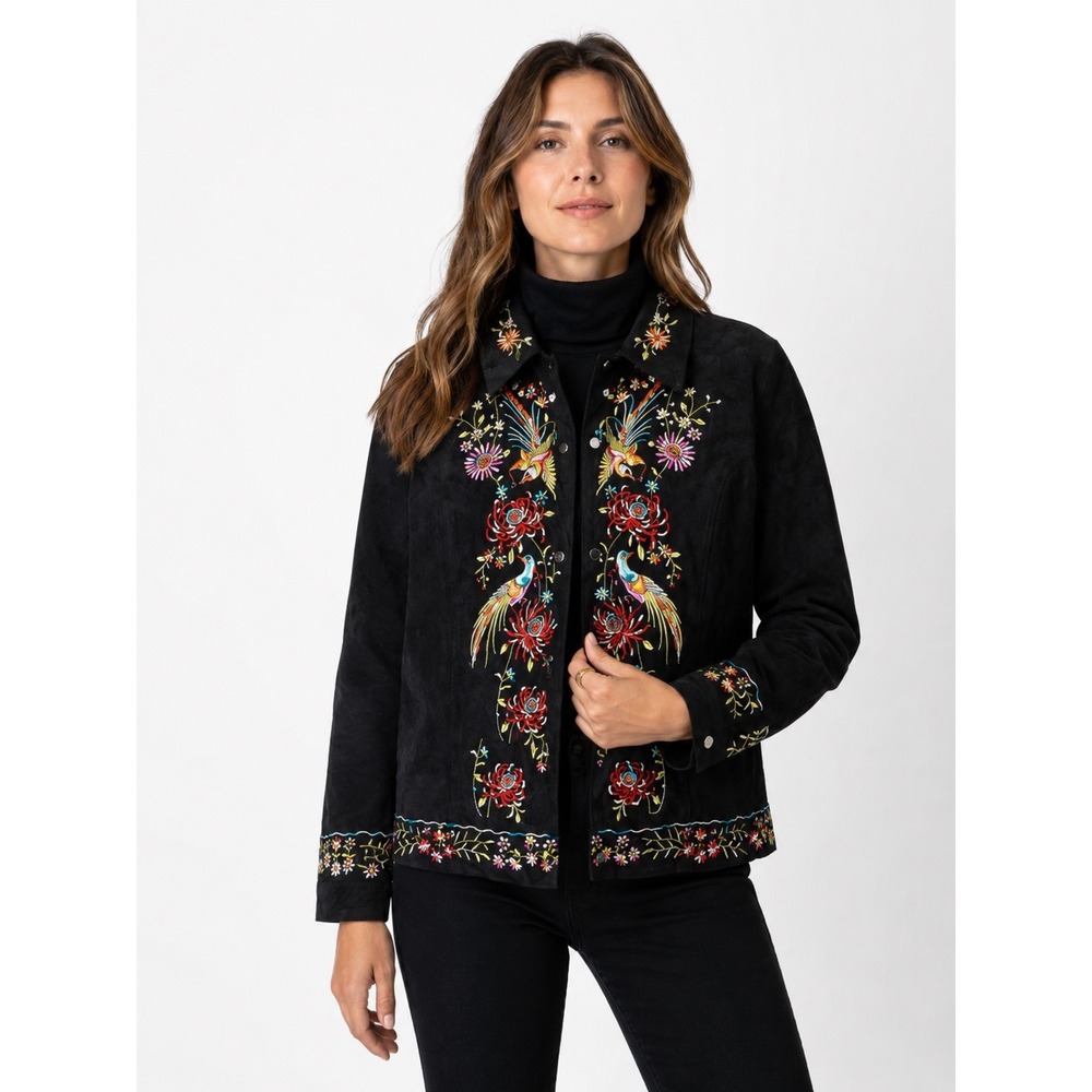 AVANTI NEW YORK Women's Black Suede Embroidered‎ Bird Floral Jacket 1X VGUC